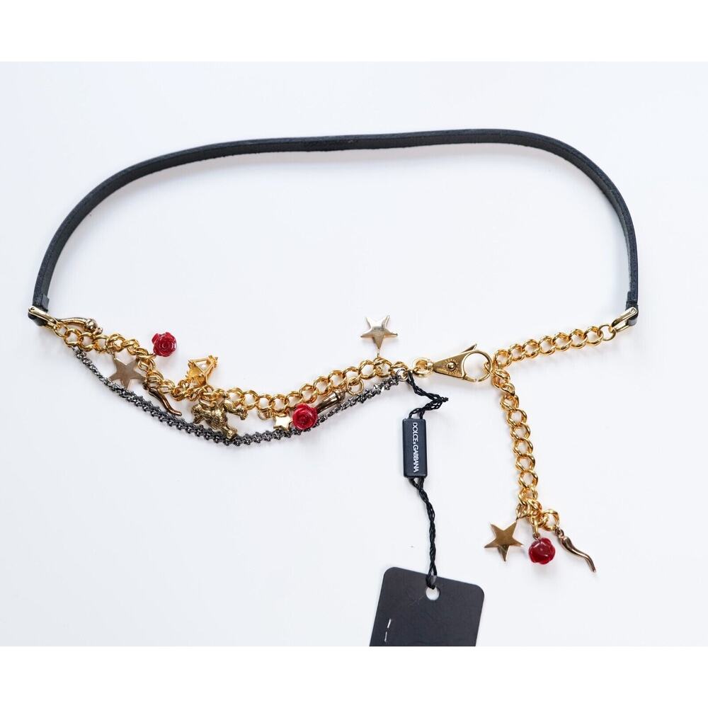 Dolce & Gabbana Vintage Gold Unique Flower Charm Leather Belt - Picture 2 of 8